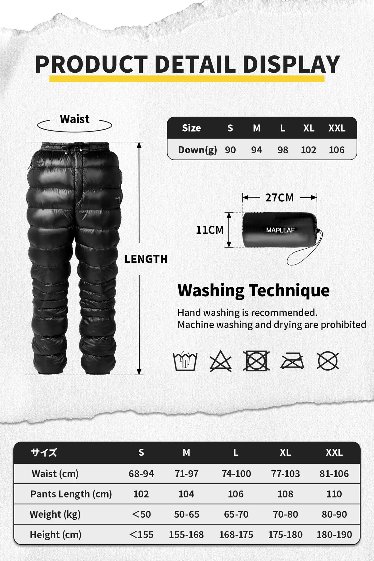 MAPLEAF Down Pants Ultralight Warm Down Trousers 800FP Winter Snow Pants Windproof Waterproof Ski Pants Camping Hiking Trousers