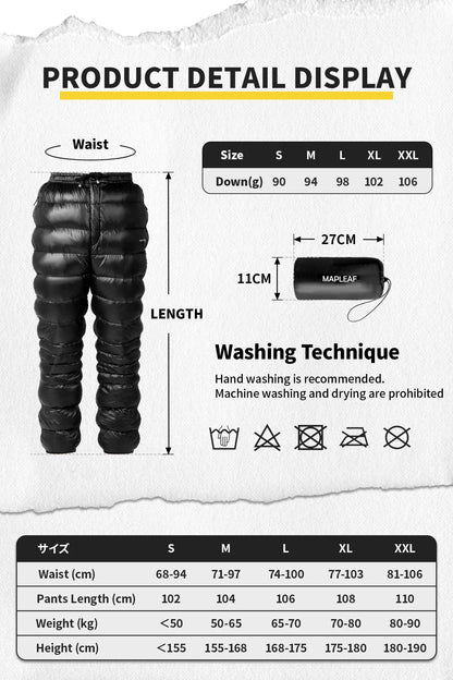MAPLEAF Down Pants Ultralight Warm Down Trousers 800FP Winter Snow Pants Windproof Waterproof Ski Pants Camping Hiking Trousers