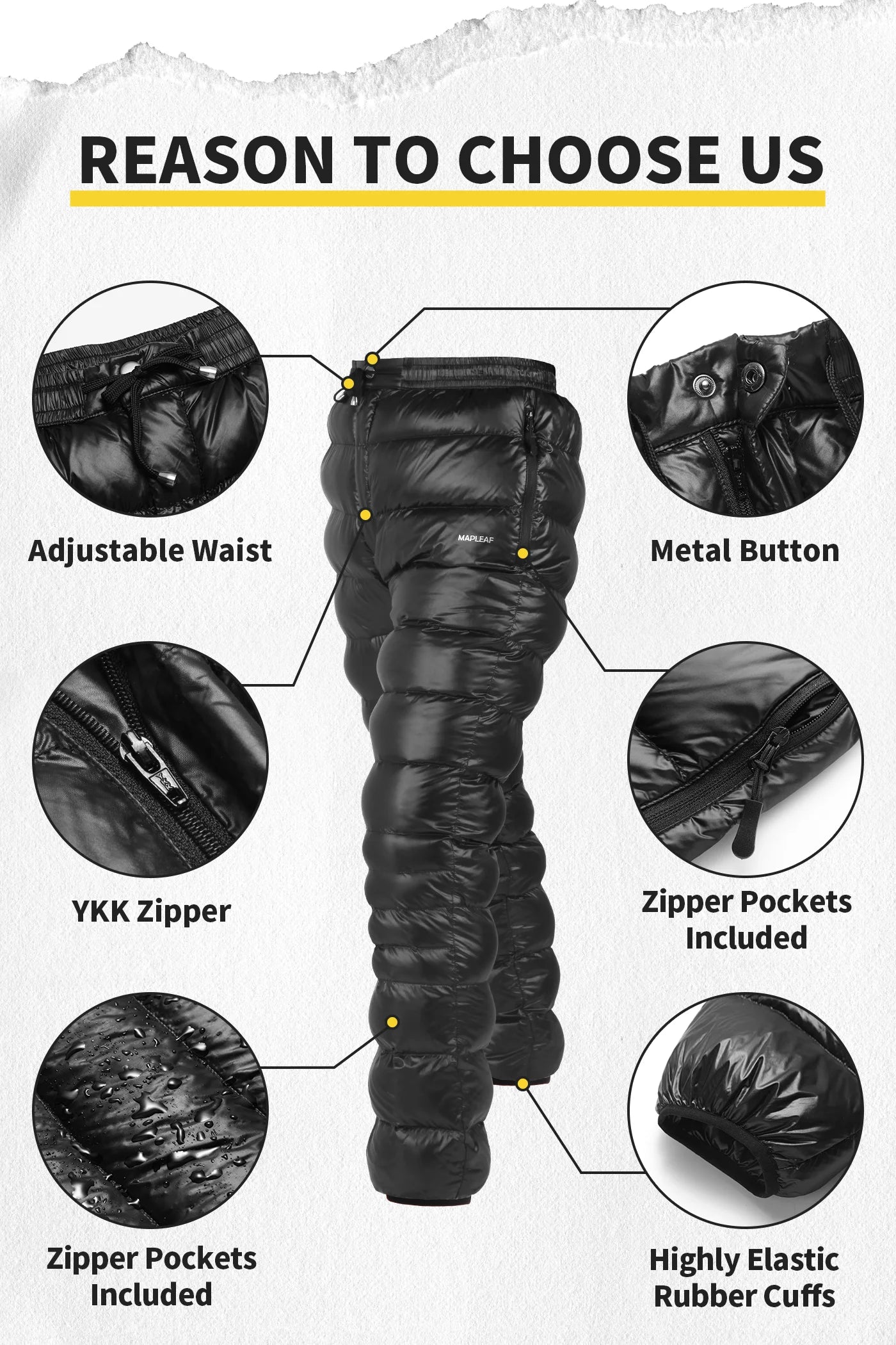 MAPLEAF Down Pants Ultralight Warm Down Trousers 800FP Winter Snow Pants Windproof Waterproof Ski Pants Camping Hiking Trousers